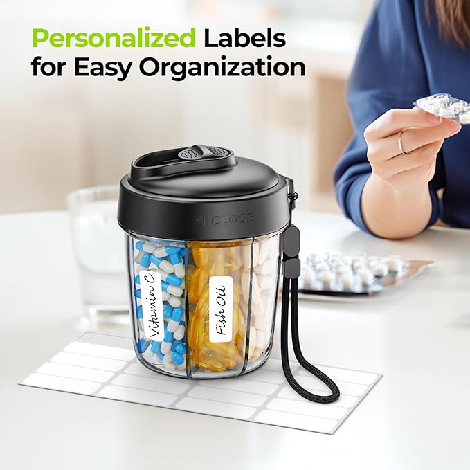 AUVON Large Pill Dispenser Can Store 7 Various Supplements, Travel Pill Organizer Bottle with Anti-Mix Design, Arthritis-friendly Pill Holder with Wide Opening & Slider Lid, Includes 20 Blank Stickers