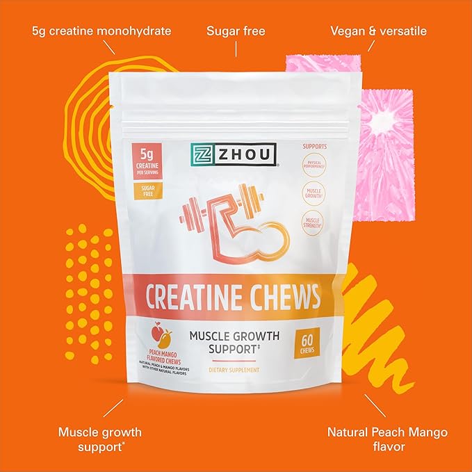 ZHOU Creatine Chews - Creatine Monohydrate Gummies for Men & Women with Vitamin B12, Sugar Free, Vegan, Organic, Non GMO, 5g Per Serving - Peach Mango Flavor, 20 Servings, 60 Chews