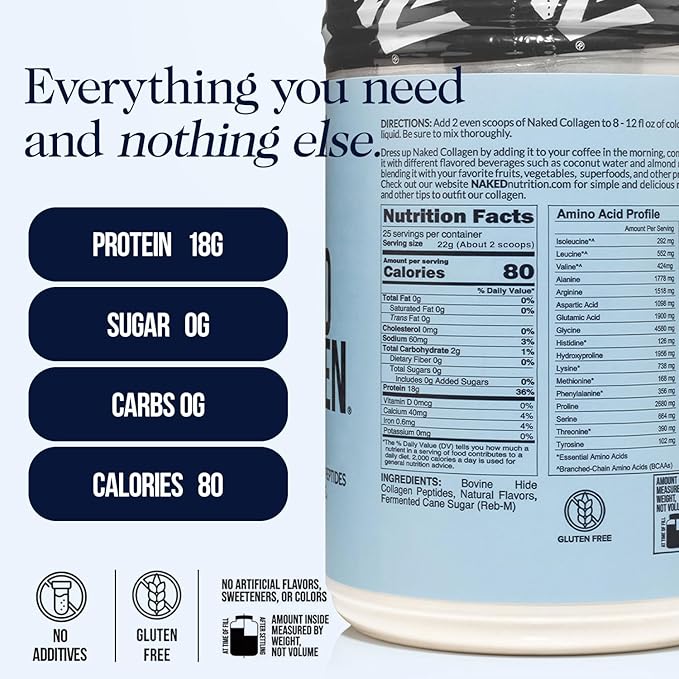 NAKED Caramel Collagen Peptides Protein Powder, 25 Servings, Pasture-Raised, Grass-Fed Hydrolyzed Collagen Supplement, Paleo Friendly, Non-GMO, Keto, Gluten Free, 20oz