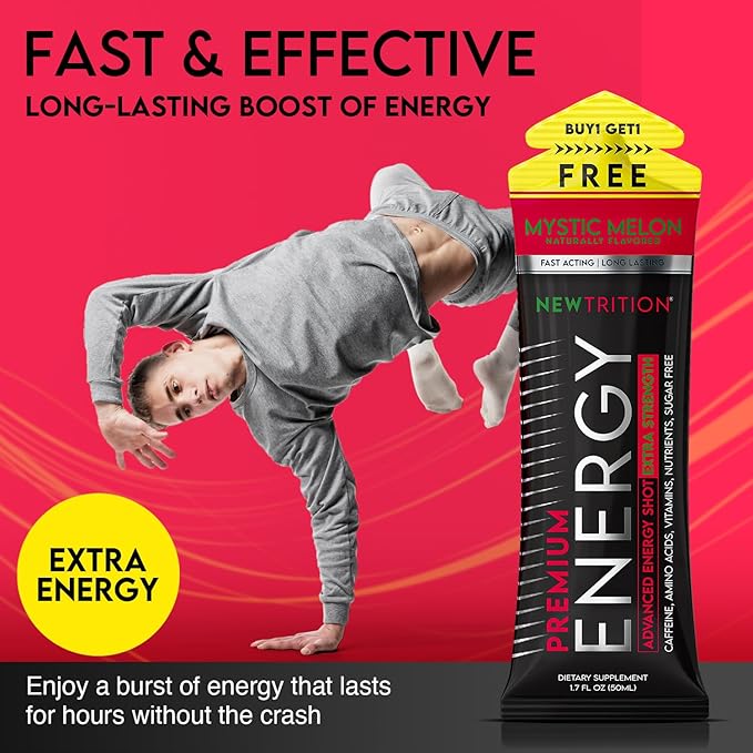 NewTrition® Extra Strength Energy Shots, 1.7 fl oz - 250mg Caffeine with Vitamin B & Amino Acids, Sugar-Free, Zero Calorie Vitamin Energy Drink for Focus & Endurance (Pack of 12, Mystic Melon)