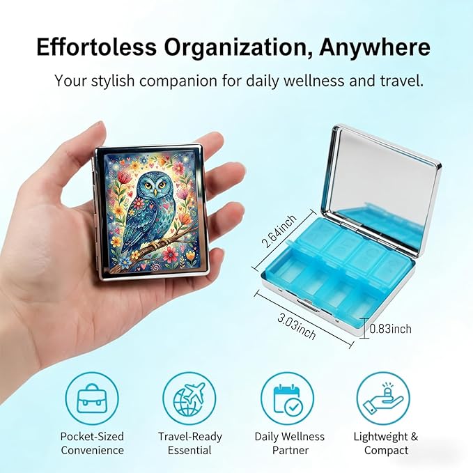 Weekly Pill Organizer, Metal Pill Box with 8 Compartments, Small Travel Pill Case for Purse Pocket, Medicine Vitamin Supplement Organizer (Floral Owl)