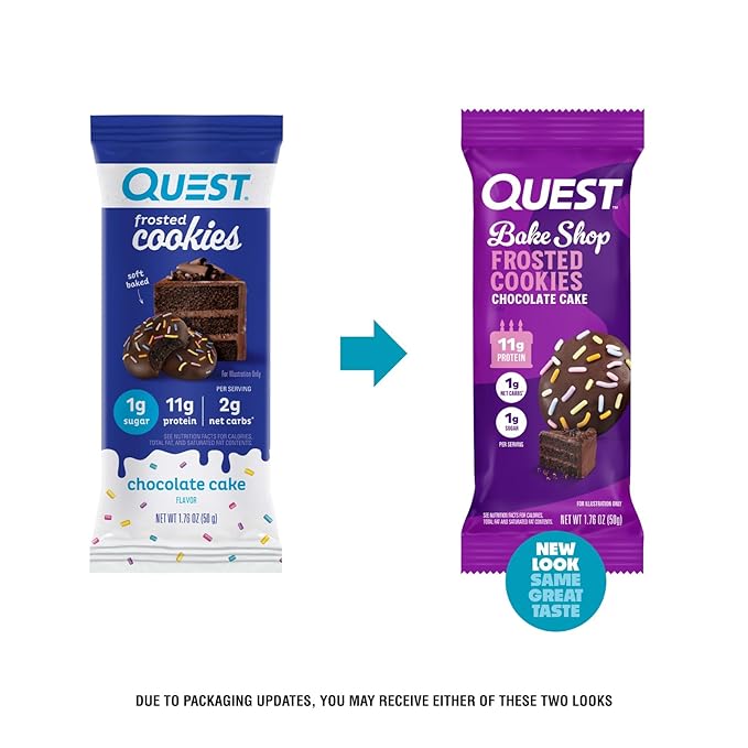 Quest Nutrition Frosted Cookies Twin Pack, Chocolate Cake, 1g Sugar, 11g Protein, 1g Net Carbs, Gluten Free, 16 Cookies, (Pack of 2)
