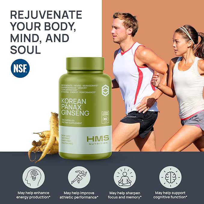 HMS Nutrition Korean Red Panax Ginseng 2000mg Supplement – 120 Vegan Capsules, Max Strength Ginsenosides, NSF Certified Extract for Energy, Stamina, Focus, Performance & Immune Support