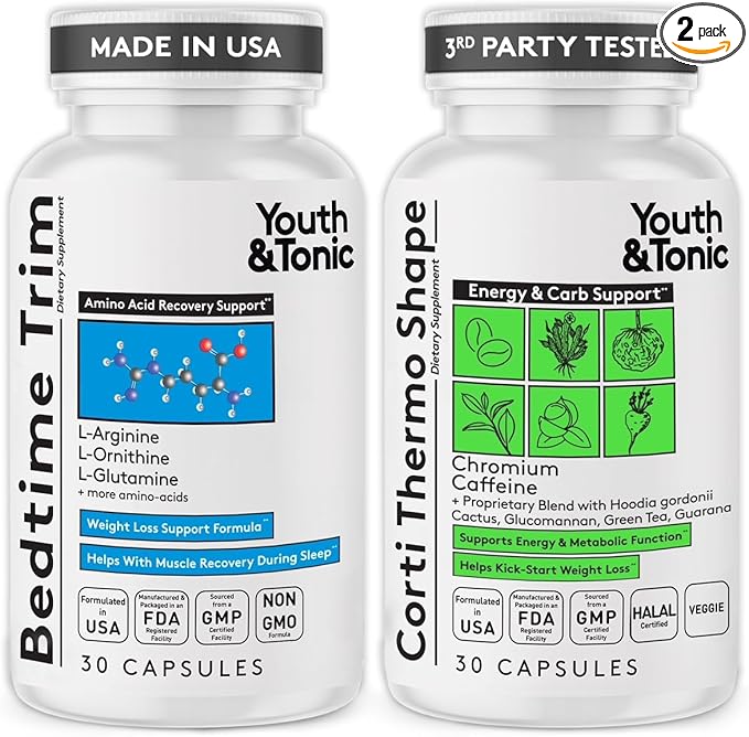 Youth & Tonic Weight Loss Support Night & Day Pills - Bedtime Trim & Cortithermo Shape - Nighttime Recovery + Daytime Energy & Metabolism Support – 60 Capsules for Women & Men