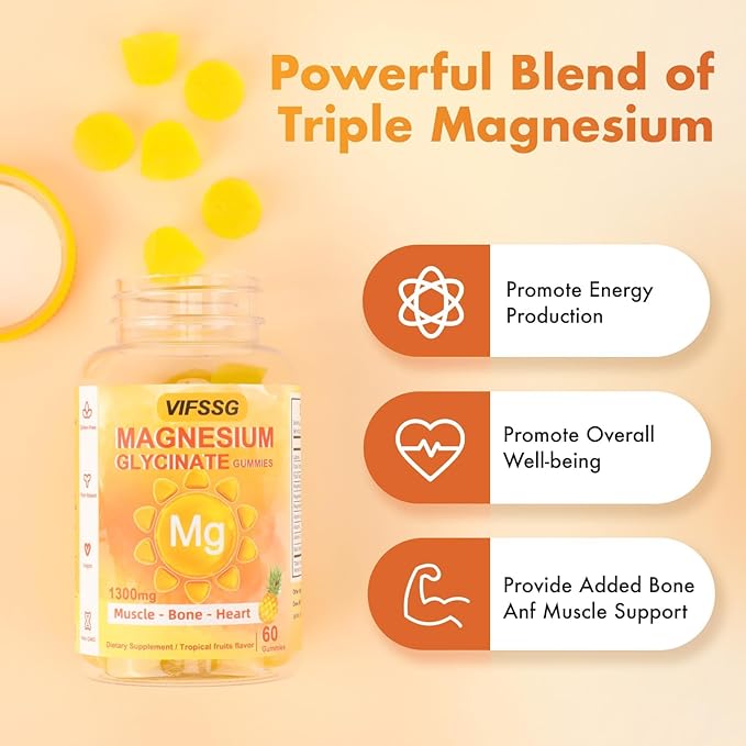 VIFSSG Magnesium Glycinate Gummies 500 Mg, Triple Magnesium Complex Sugar-Free Gummies with Malate 400 Mg, Citrate 400 Mg, Magnesium Supplement Chewable for Women & Men Vegan, Organic 60 Count
