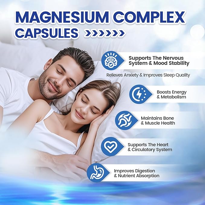 1000mg Magnesium Complex Capsules, 8 Elemental with Magnesium Glycinate, Citrate, Malate, Taurate, Oxide, Carbonate, Aspartate, Orotate for Bones, Muscle, Recovery, Energy, Vegan Non-GMO, 2 Bottle
