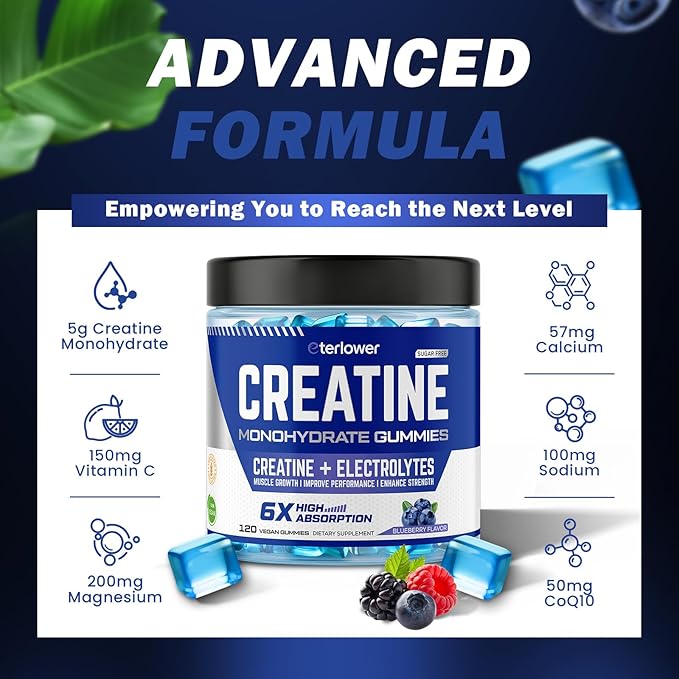 Creatine Monohydrate Gummies 5g – Pre-Workout Energy & Muscle Growth Support for Men & Women | Blueberry Electrolyte Gummies, 120 Count