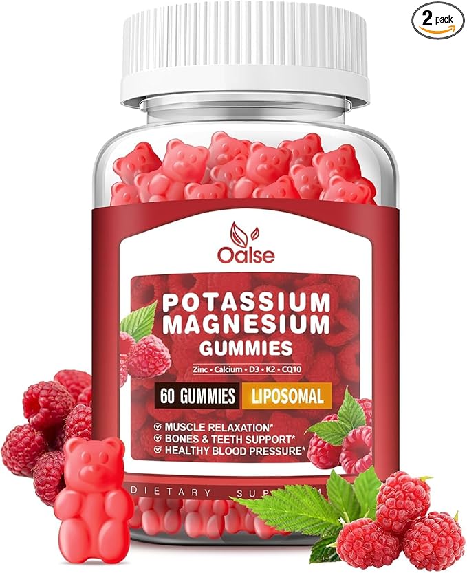 (2 Pack) Potassium Magnesium Gummies for Adults Kids, High Absorption Potassium Citrate 200mg Magnesium Glycinate 400mg, Chewable Gummy Supplements for Leg Cramps & Muscle, Raspberry
