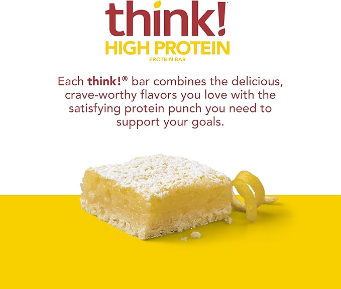 think! Protein Bars, High Protein Snacks, Gluten Free, Sugar Free Energy Bar with Whey Protein Isolate, Lemon Delight, Nutrition Bars without Artificial Sweeteners, 2.1 Oz (30 Count)