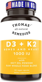 Thomas' all-natural Remedies D3 + K2 with MCT Oil for Better Absorption & Raw Whole Food Blend, 1000 IU D3, Vegan, Made in USA, Support for Your Heart, Bones & Teeth, Non-GMO (120ct)