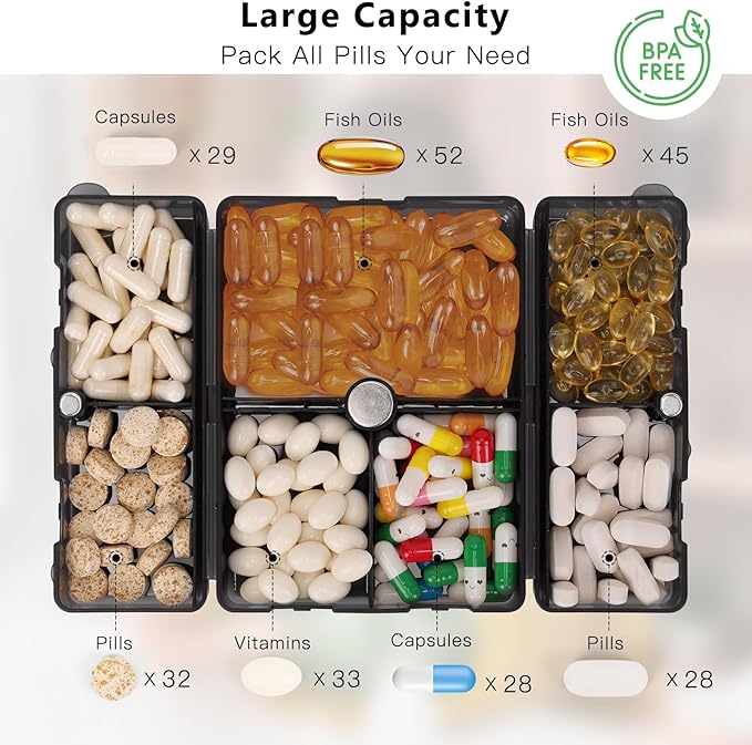 FYY 2 Pcs Daily Pill Organizer, 7 Compartments Portable Pill Case Travel Pill Organizer,[Folding Design]Pill Box for Purse Pocket to Hold Vitamins,Cod Liver Oil,Supplements and Medication-Clear Black