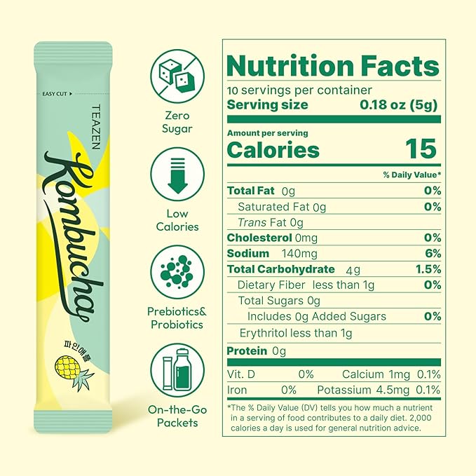 TEAZEN Pineapple Kombucha Powder, Hydration Drink Mix, Sugar Free, Live Probiotics & Prebiotics, On-the-Go 10 Packets, 1.76oz