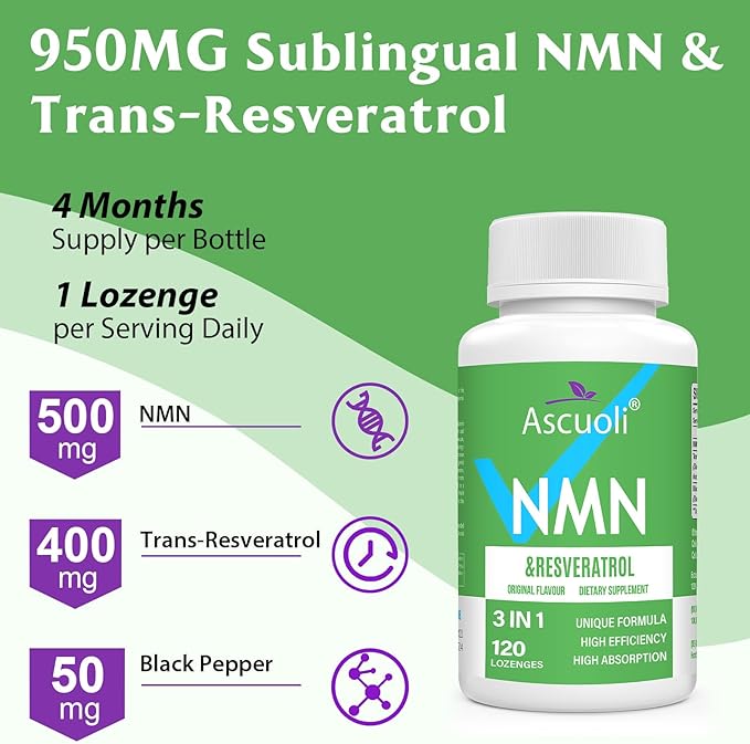 Sublingual NMN 500mg + Trans-Resveratrol 400mg, 3-in-1 Advanced Formula 99% Pure NMN Resveratrol Supplement for Boost* NAD, Cell, Immune, Energy & Muscle, Anti-Aging, 480 Lozenges (480 Days Supply)