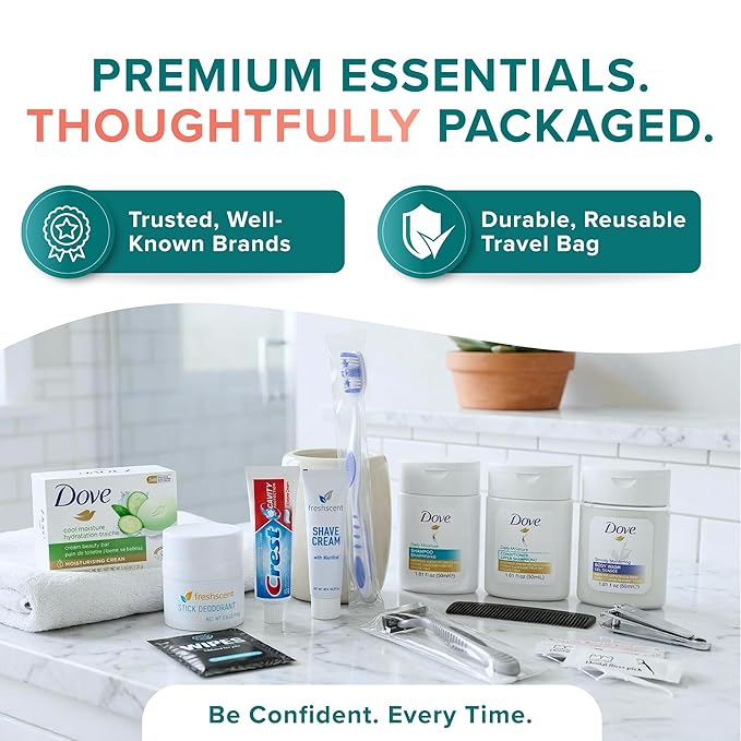 TrekTote 20 Piece Unisex Travel Hygiene Kit with Toiletries & Personal Care Essentials, TSA-Compliant, Individual and Bulk Packs Available