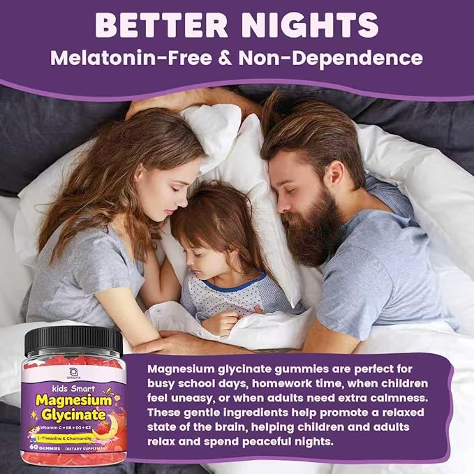 Magnesium Gummies for Kids & Adults - 400/200mg Magnesium Glycinate with L-Theanine, Chamomile, D3 & K2, Kids Sleep Gummies Melatonin Free, for Zzz & Relax, Cognition - Sugar Free, 60 C