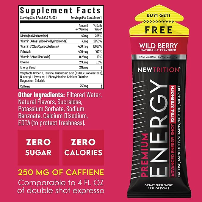 NewTrition® Extra Strength Energy Shots, 1.7 fl oz - 250mg Caffeine with Vitamin B & Amino Acids, Sugar-Free, Zero Calorie Vitamin Energy Drink for Focus & Endurance (Pack of 12, Wild Berry)