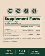 Vitamin D3 K2 5000IU 100mcg MK-7, 120 Softgels, 2-in-1 K2 D3 Vitamin Supplement for Bone Health, Immune Support, Better Calcium Absorption, Easy to Swallow, One Daily, 120 Day Supply