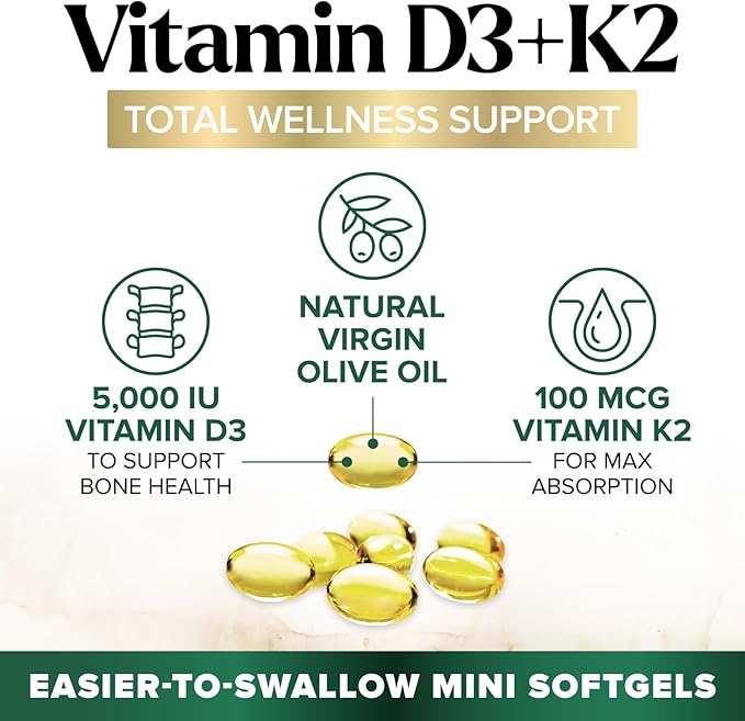 D3 K2 Vitamin - 5000 IU D3 Per Serving - High Potency Vitamin D3 Supplement - Advanced 2-in-1 Complex Vitamin D & Vitamin K2 (MK7) - Easy to Swallow, Bone & Immune Support - USA Bottled - 120 Softgels