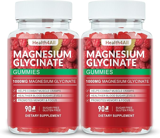 Magnesium Glycinate Gummies 1000mg, High Absorption Sugar Free Magnesium Potassium Supplement for Relaxation, Stress Relief, and Sleep Support for Adults & Kids - 180 Raspberry Gummies