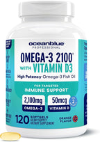 Oceanblue Professional Omega-3 2100 with Vitamin D3 – 120 ct – Triple Strength Burpless Fish Oil Supplement with High-Potency EPA, DHA, DPA and Vitamin D3 – Wild-Caught – Orange Flavor (60 Servings)