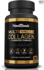 Multi Collagen + Fermented Turmeric – Hydrolyzed Collagen Types I, II & III with Biotin, Hyaluronic Acid & Vitamin C – Skin, Hair, Nail & Joint Support – 90 Capsules