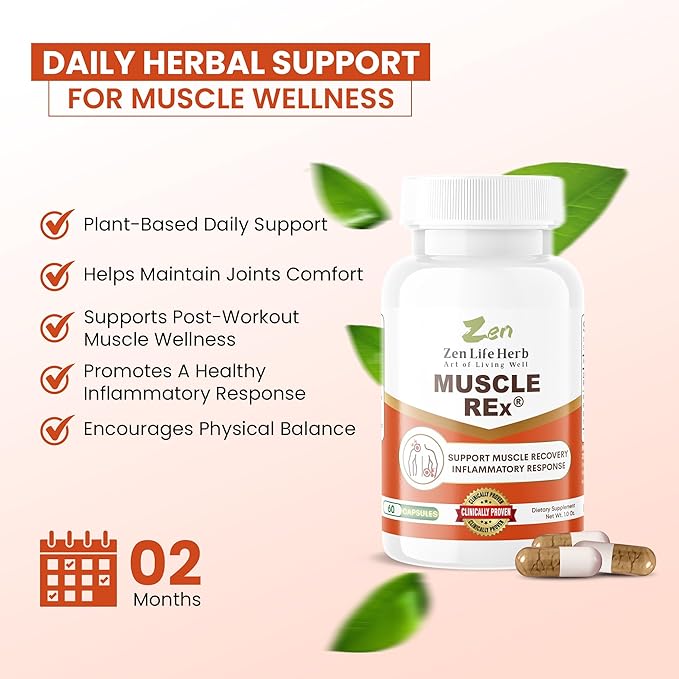ZEN LIFE HERB Muscle REx - Joint, Muscle & Nerve Support - Relax Aches & Chronic Discomfort Plant-Based Supplement (60 Capsules)