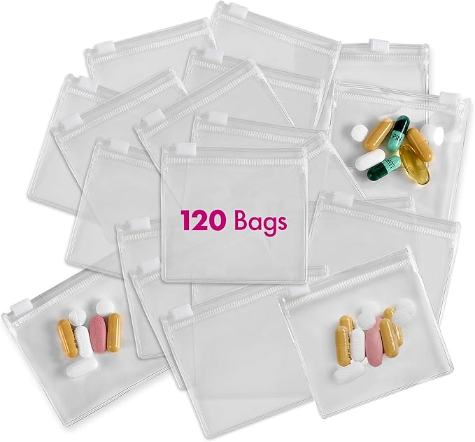 Zippered Pill Pouch Bags - 120 Pcs, Slide Lock Clear Plastic Mini Bags, BPA-Free for Pills Vitamins, Supplements, Medications, Jewelry, Crafts, Small Objects - Self-Sealing, Reusable, Travel-Friendly