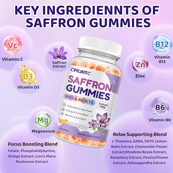 Saffron Gummies for Kids & Adults, 20-in-1 Saffron Supplements with 88.5mg Saffron Extract, B6, B12, C, D3, Magnesium for Calm, Focus, Nerve, Sugar Free, Vegan, Non-GMO Peach Mango Flavor, 120 Counts