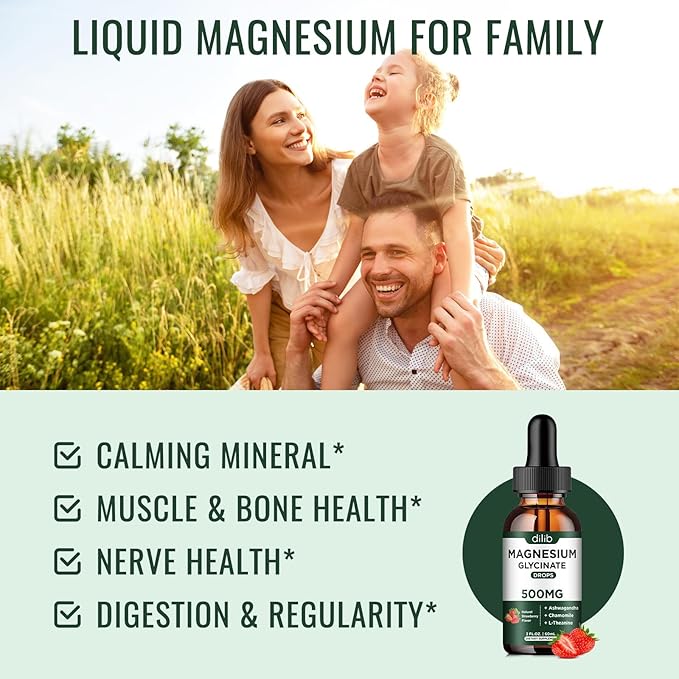 Magnesium Glycinate Liquid Drops Supplement, with Magnesium Glycinate 500mg Ashwagandha, L - Theanine, Chamomile -Support Stress Relief, Bone, Muscle, Mood Strawberry Flavor 2Pack
