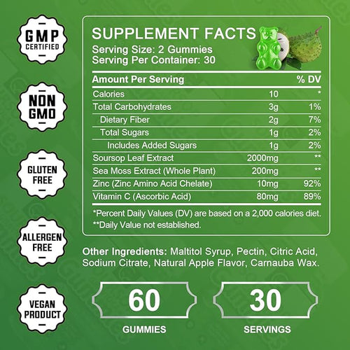 (2 Pack) Soursop Graviola Gummies - 2200mg Extra Strength Soursop Leaves Extract w/Sea Moss Extract 200mg, Zinc & Vitamin C - Supports Immunity, Liver & Digestive, Gluten Free, Vegan, 120 Gummies