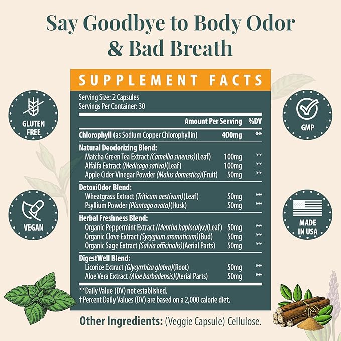 Women's Body Deodorizing Supplement – Chlorophyll Capsules for Body Odor, Fresh Breath & Gut Detox, for Social Confidence – Vegan with Matcha Green Tea, Apple Cider Vinegar (60 Caps)