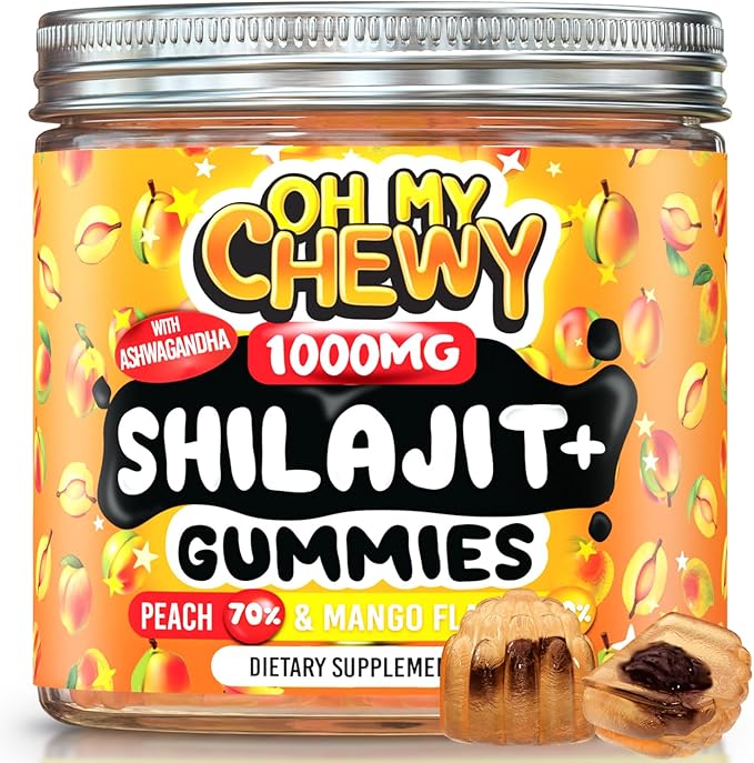OH MY CHEWY Pure Himalayan Shilajit Gummies - High Potency Gold Grade Resin - Energy Boost and Immune Support for Men and Women with Ashwagandha and Shatavari - 60 Gummy - Peach & Mango