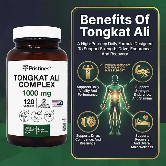 PRISTINE'S Tongkat Ali Capsules - 1000MG 60 Day Supply - Athletic Performance Support - Lean Mass Muscle Building Herbal Supplement for Men & Women - Vegan, Gluten Free, Non GMO