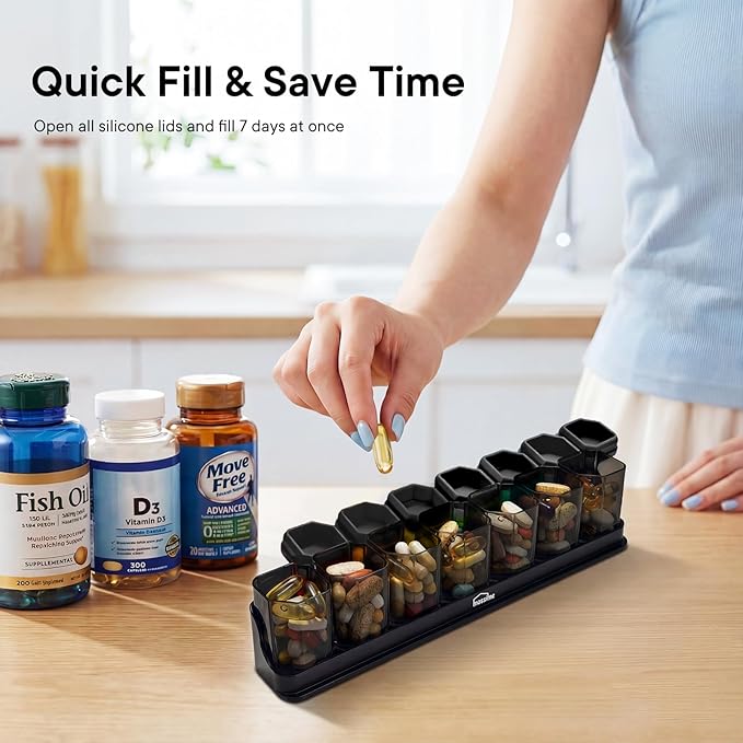 Large Weekly Pill Organizer 1 Time a Day, BPA-Free Pill Dispenser, 7 Day Pill Box with Silicone Lids & Coded Compartments, Spill Proof Travel Case for Vitamins, Seniors & Daily Medication, Black