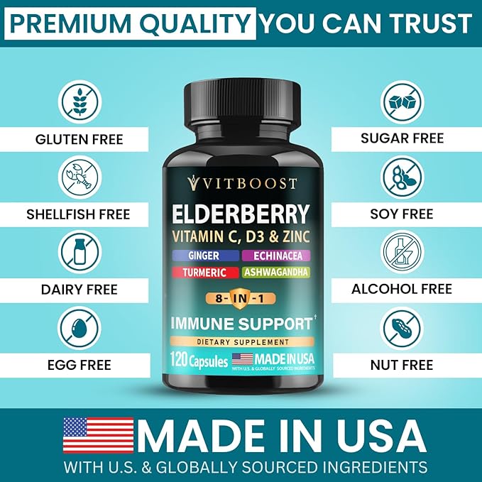 Elderberry Immune Support Supplement 8-in-1 Formula with Echinacea, Vitamin C & Zinc, Vitamin D 5000 IU, Turmeric, Ginger, Ashwagandha – 120 Capsules