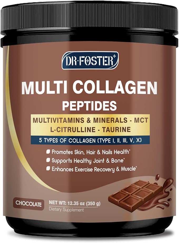DRFOSTER Chocolate Collagen Peptides Powder for Women & Men, Multi Type I II III V X Collagen with multivitamins & Minerals for Skin, Hair & Nails & Joints, Non-GMO, 35 Servings