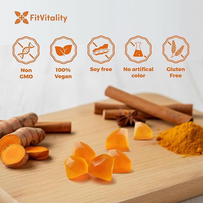 Premium 60 Turmeric Ginger Cinnamon Gummies – with Vitamin E, B12, Magnesium, Black Pepper Extract & Vitamin D3 – Orange Fruit Flavor - Vegan Gummies