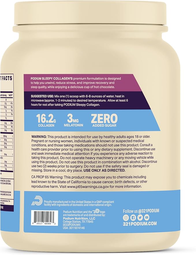 Podium Nutrition, Sleepy Collagen with Melatonin, Hot Chocolate, 25 Servings, Collagen Protein, Gluten Free, Soy Free