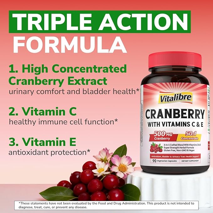 Vitalibre Cranberry Pills for Women with Vitamin C & E, Once Daily, Vegan, Urinary Tract Health & Kidney Cleanse, 90 Capsules