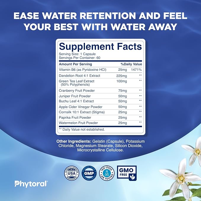 Water Retention Pills for Women & Men - Herbal Diuretic Supplements - Fluid Retention Supplement with Dandelion Leaf Extract & Green Tea for Bloating Relief - Pills for Leg & Feet Swelling - 60 Count