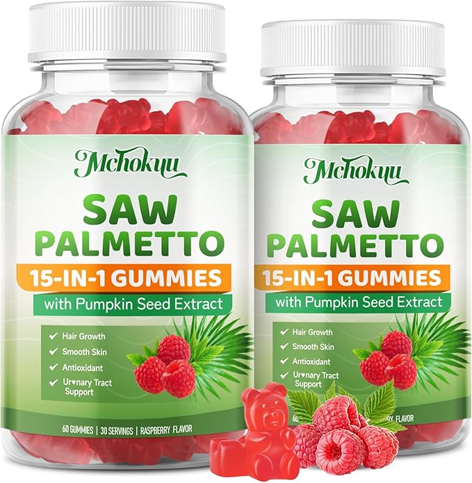 Saw Palmetto Gummies 600mg for Men & Women – Pumpkin Seed Oil Gummies with Saw Palmetto Supplement for Hair Growth & Skin Health, DHT Blocker - Sugar Free, Non-GMO, Raspberry Flavor 60 Count