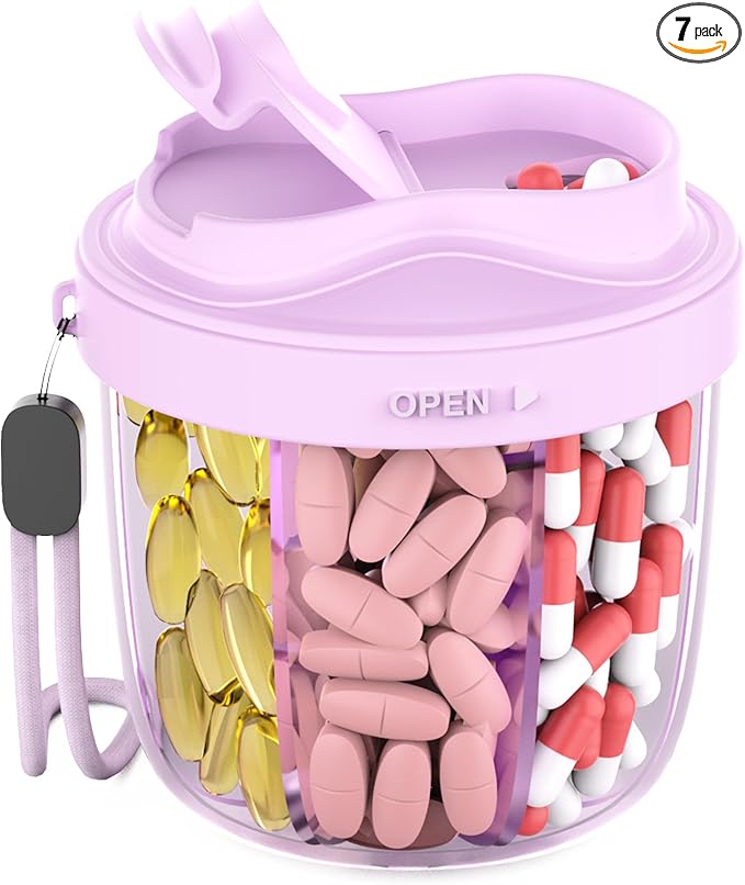 Pill Organizer with 7 Compartments, Pill Box Case for Holding 7 Different Vitamins, Anti-Mix Design for Easy Medication Retrieval. Travel Pill Organizer with 20 Labels. Pill Container（Purple）