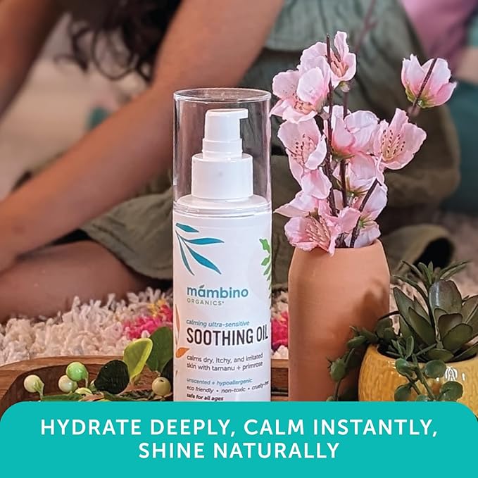 Mambino Organics Soothing Baby Oil, Organic Unscented Body Oil with Jojoba, Evening Primrose, Hydrates Dry, Itchy Skin, Gentle for Babies, Kids, Vegan, Baby Care Products, 5 fl oz