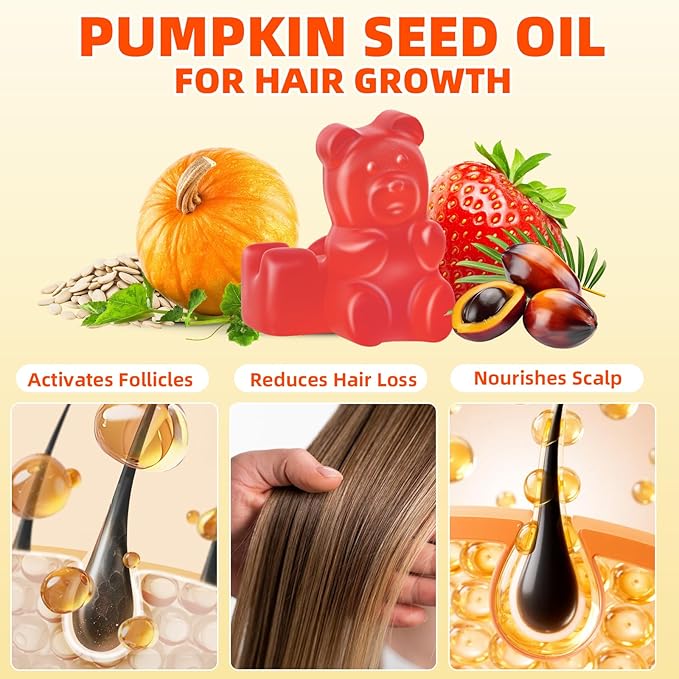 Pumpkin Seed Oil Supplement Gummies with Saw Palmetto for Hair Growth & Skin Health Support, High Pure Extract for Women & Men Extra Strength Pumpkin Seed, Strawberry Flavor, 120 Count
