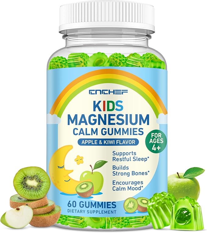 Center-Filled Magnesium Gummies for Kids 300MG - Magnesium Glycinate Gummies with L-theanine, Omega-3, Vitamin B6, D for Kids & Adults, Supplement for Sleep, Calm & Muscle Relaxation - Apple & Kiwi