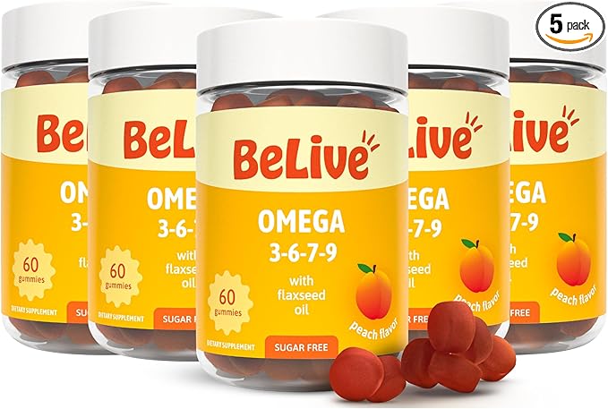 BeLive Organic Omega 3 Gummies - 300 Ct I Vegan Omegas 3 6 7 & 9 from Flaxseed Oil & Sea Buckthorn Fruit Oil, for Kids & Adults, Full Body, Brain & Eye Support, Sugar Free – Peach Flavor