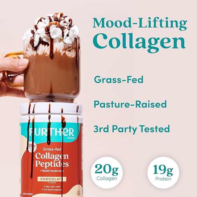 Further Food Chocolate Collagen Peptides Powder with Reishi Mushroom - 100% Grass-Fed, Hydrolyzed Type 1 & 3, 20g of Collagen per Serving, Supports Skin, Hair, Nails & Joints, 24.34 Oz