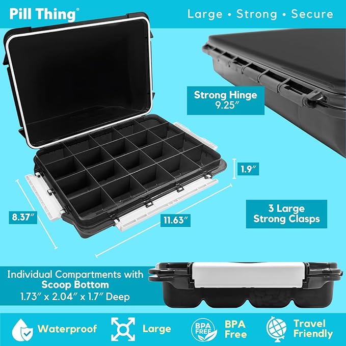 20 Compartment UV Protected Large Cobalt Blue Pill Case with Airtight Seal, Spill Proof, Silicone Gasket Waterproof Med Box with Medication Map (Black and Clear, 20 Compartment - 2 Pack)