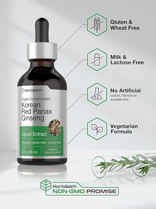 Horbäach Korean Red Ginseng | 2 fl oz Liquid Extract | Panax Ginseng | Vegetarian, Non-GMO, Gluten Free Supplement