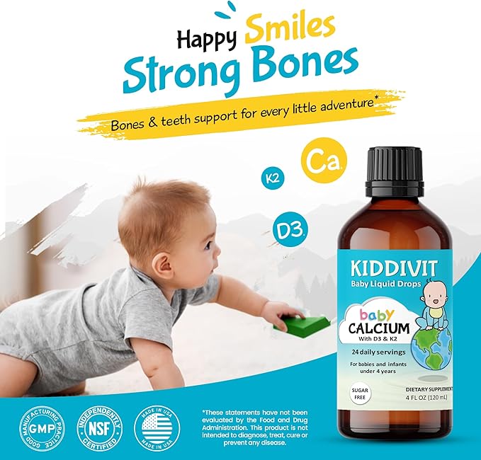 Kiddivit Baby Calcium Liquid Drops with Vitamin D3 & K2 – Gentle Bone & Growth Support Supplement – 24 Daily Servings – Inulin Fortified Prebiotic Fiber – Sugar Free, Gluten Free, Vegetarian, 4oz